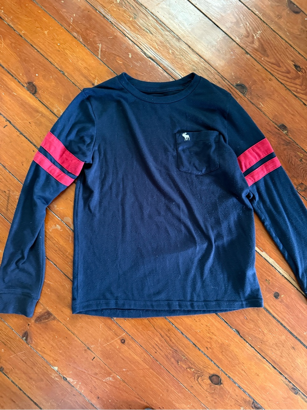 abercrombie kids Navy Long-Sleeve Tee with Red Sleeve Stripes